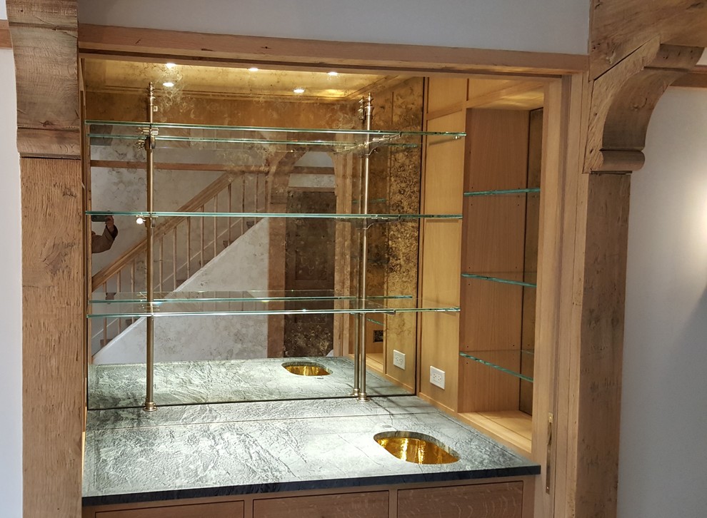 Custom Antique Mirror Backsplash and Glass Shelving Home Bar New