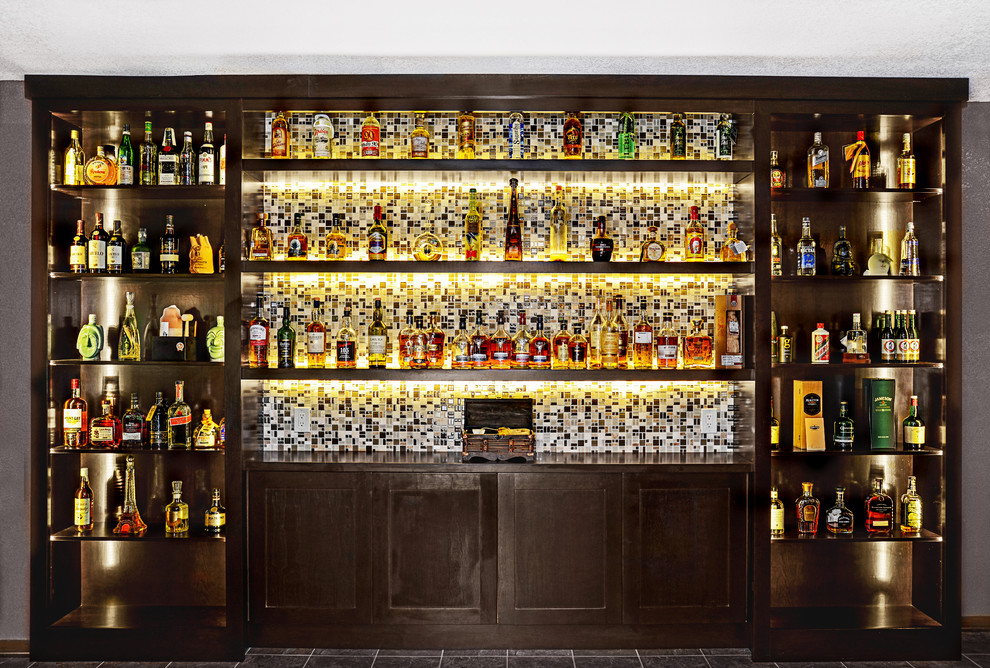 Design ideas for a large traditional single-wall home bar in Other with no sink, open cabinets, dark wood cabinets, wood worktops, multi-coloured splashback, mosaic tiled splashback and ceramic flooring.