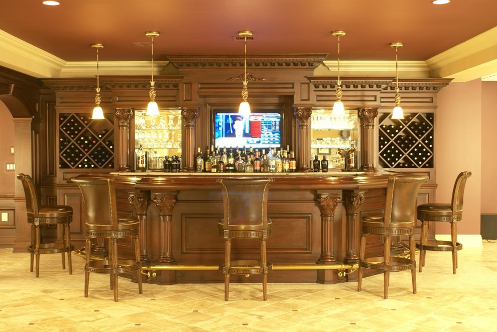 Photo of a large classic home bar in New York with porcelain flooring.