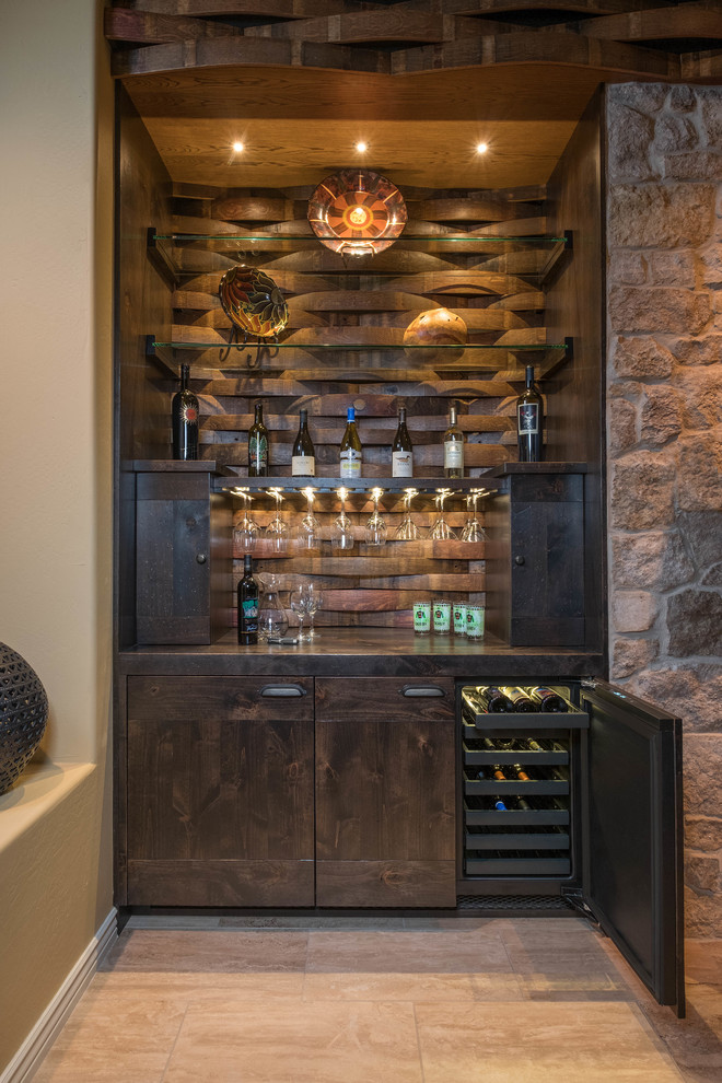 Small single-wall home bar in Phoenix with no sink, brown splashback and flat-panel cabinets.