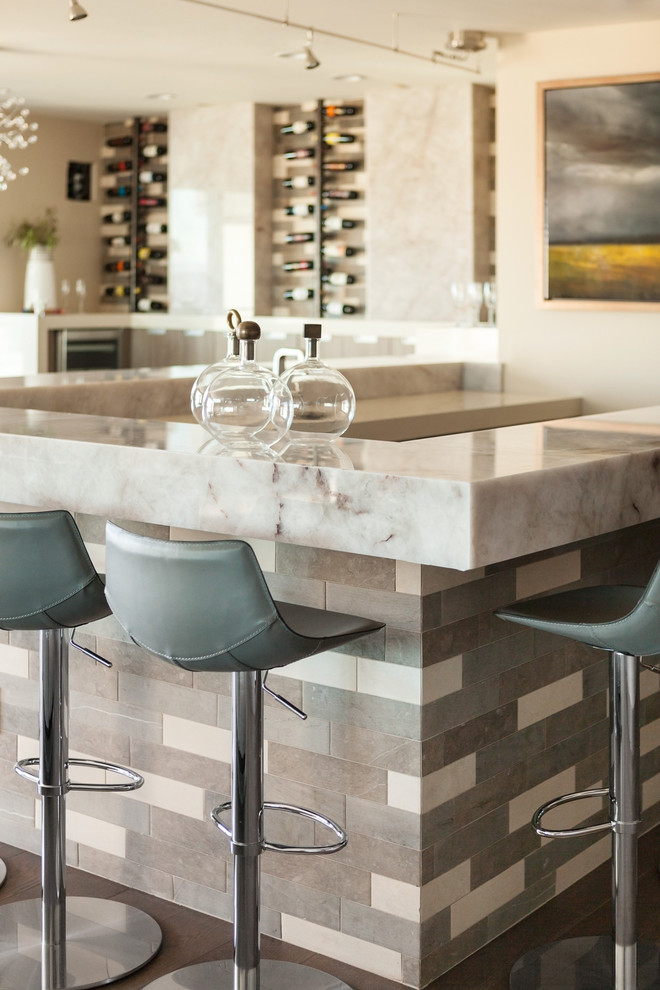 Ispirazione per un ampio angolo bar con lavandino minimal con top in granito, parquet scuro e pavimento marrone