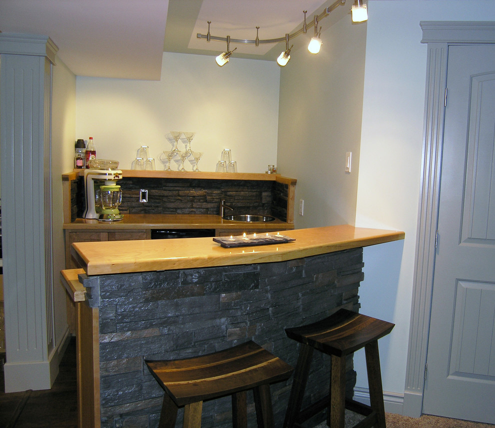 Custom Wood and Stone Basement Wet Bar & Custom Bar Stools - Craftsman ...