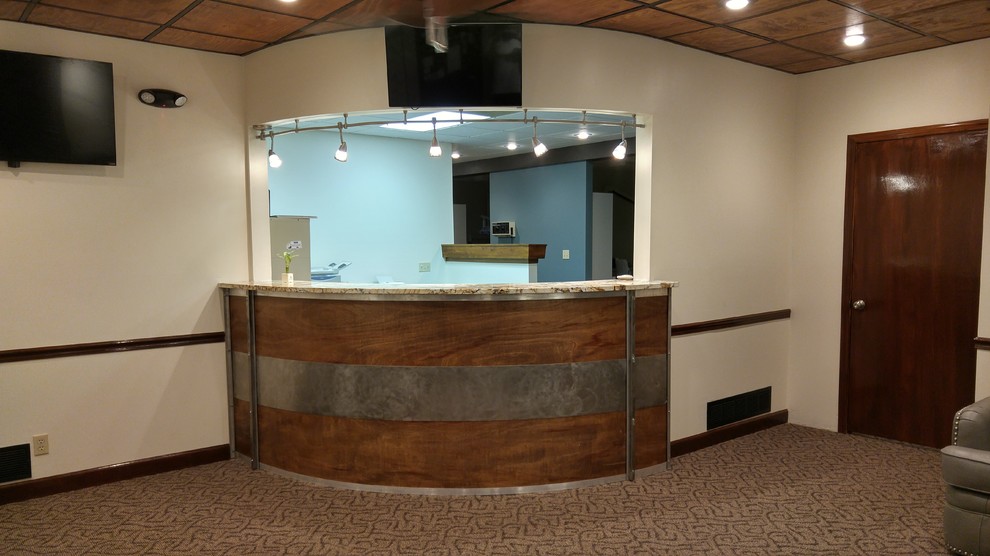 Cette image montre un bar de salon minimaliste en U de taille moyenne avec un plan de travail en granite et moquette.