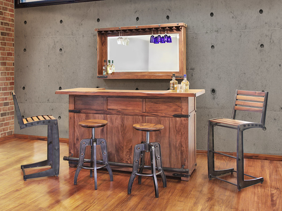 Inspiration pour un bar de salon avec évier linéaire urbain en bois brun de taille moyenne avec un plan de travail en bois, une crédence grise, une crédence en carreau de ciment, un sol en bois brun et un sol marron.