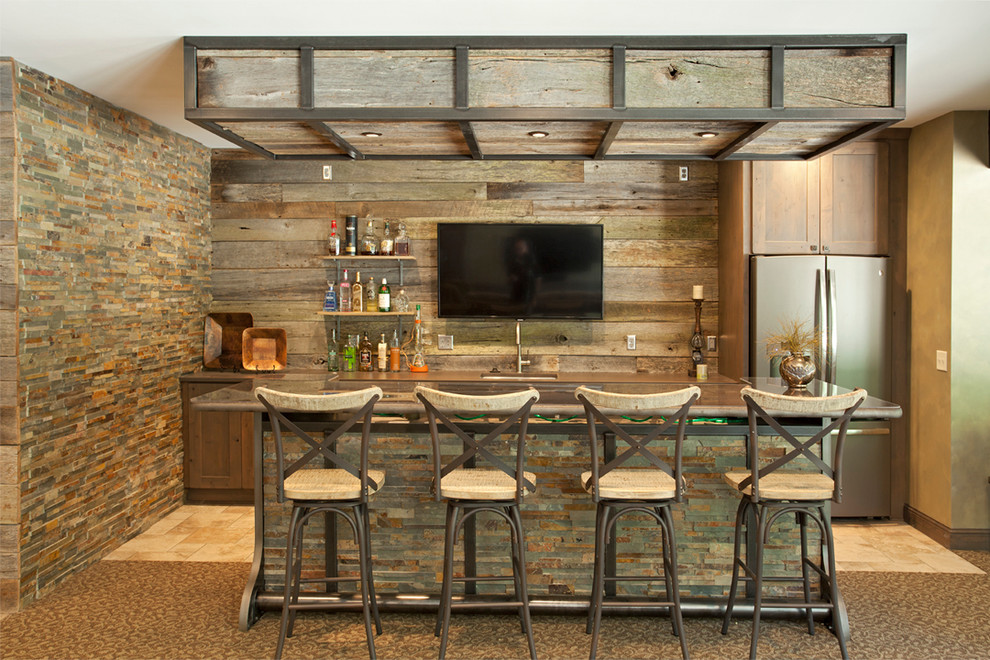 Design ideas for an expansive rustic home bar in Minneapolis with carpet.