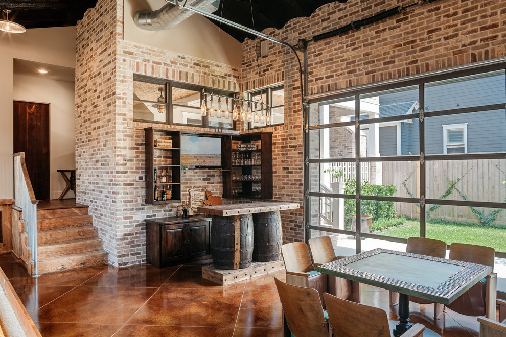 Industrial home bar in Houston with concrete flooring, open cabinets, dark wood cabinets, brick splashback and brown floors.