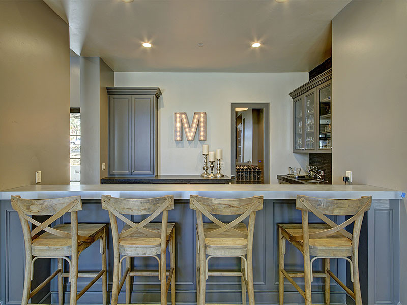 Imagen de bar en casa con barra de bar de galera minimalista grande con armarios con paneles empotrados y puertas de armario grises