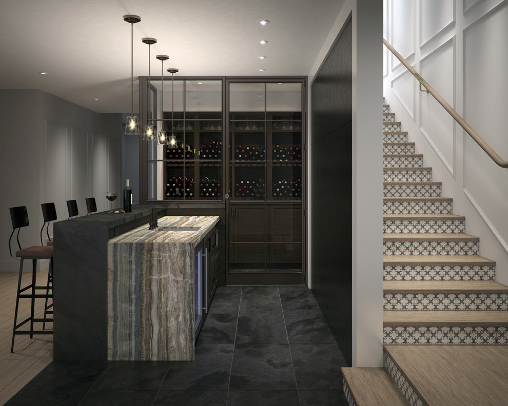 This is an example of a medium sized contemporary l-shaped wet bar in Calgary with a submerged sink, recessed-panel cabinets, dark wood cabinets, marble worktops, slate flooring and black floors.