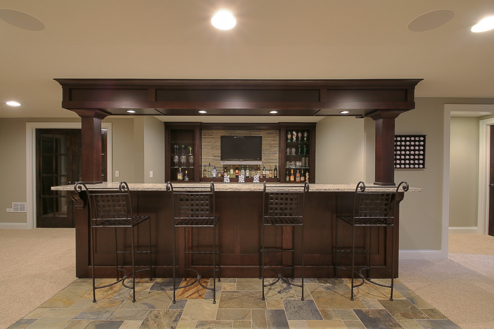 This is an example of a medium sized classic galley breakfast bar in Chicago with a submerged sink, open cabinets, dark wood cabinets, granite worktops, beige splashback, stone tiled splashback and slate flooring.