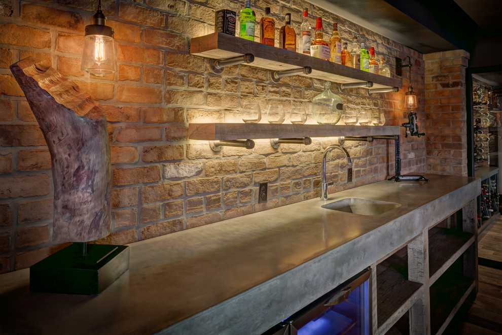 Exposed Brick Basement Farmhouse Home Bar Cleveland by Laura of