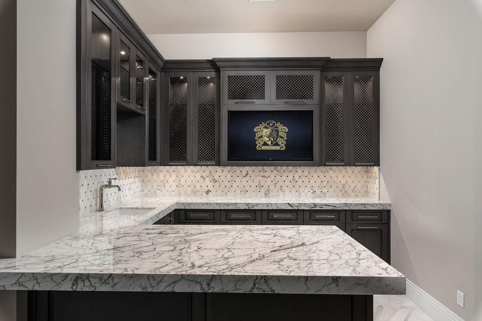 Example of a huge tuscan u-shaped marble floor and multicolored floor seated home bar design in Phoenix with an undermount sink, dark wood cabinets, marble countertops, multicolored backsplash, porcelain backsplash, multicolored countertops and glass-front cabinets