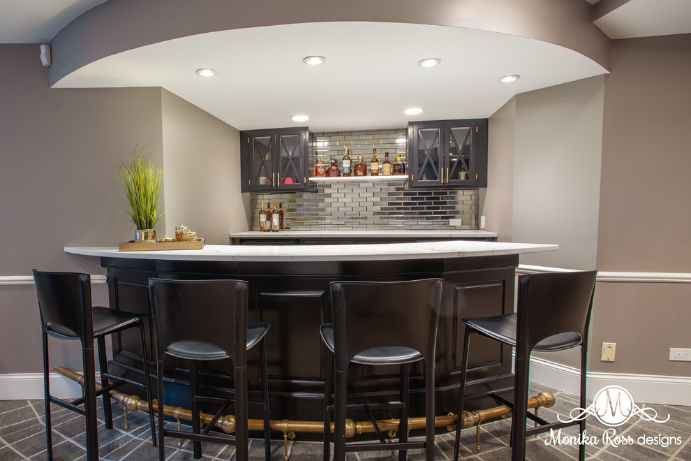 Inspiration for a mid-sized modern galley ceramic tile and gray floor wet bar remodel in Chicago with an undermount sink, glass-front cabinets, black cabinets, quartz countertops, gray backsplash, mirror backsplash and white countertops