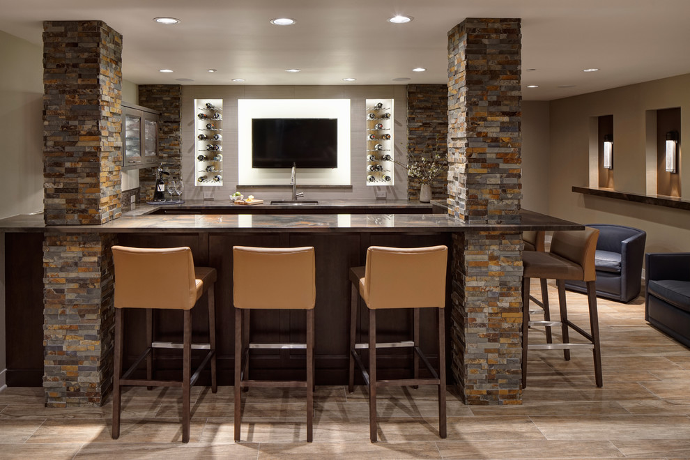 Design ideas for a classic home bar in Chicago with flat-panel cabinets, dark wood cabinets, marble worktops, multi-coloured splashback, stone tiled splashback, a submerged sink and ceramic flooring.