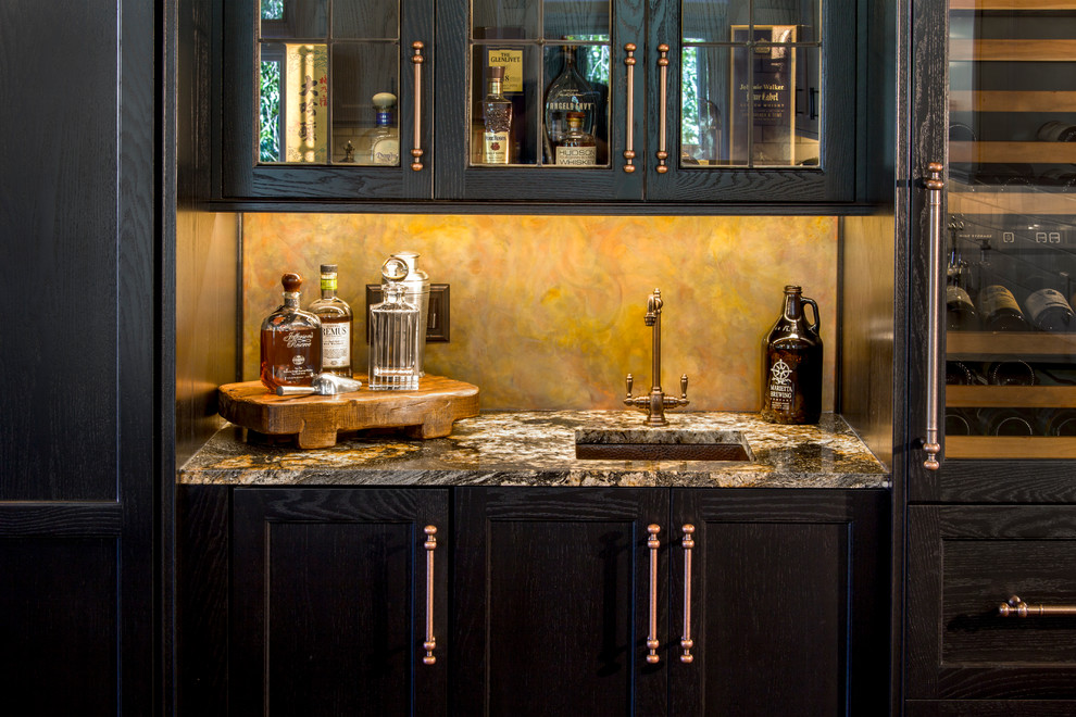 Large elegant single-wall porcelain tile wet bar photo in Cincinnati with beaded inset cabinets, dark wood cabinets, an undermount sink, wood countertops and yellow backsplash