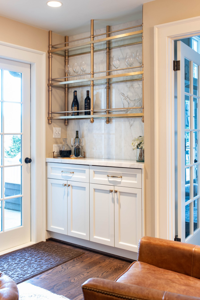 Inspiration for a timeless single-wall home bar remodel in Seattle with shaker cabinets and white cabinets