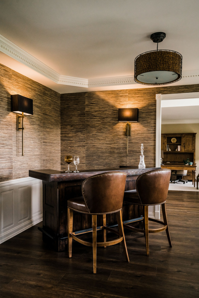 Inspiration for a medium sized traditional single-wall dry bar in Philadelphia with distressed cabinets, vinyl flooring and brown floors.