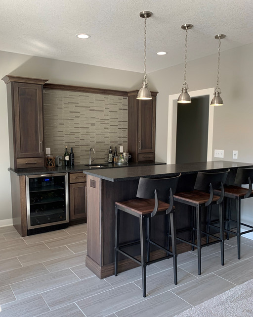 Hickory Wet Bar in Warm Gray Stain With Brushed Granite Counters ...