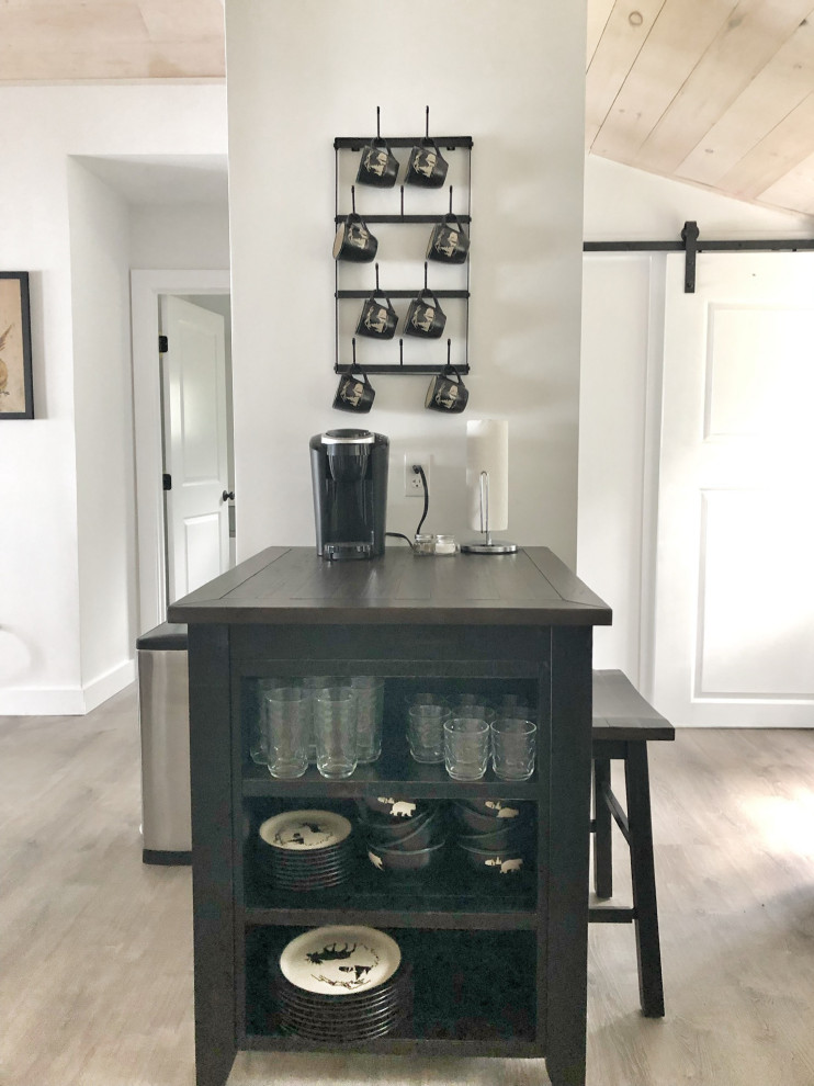 Design ideas for a small nautical single-wall breakfast bar in Portland Maine with open cabinets, black cabinets, wood worktops, laminate floors, grey floors and multicoloured worktops.