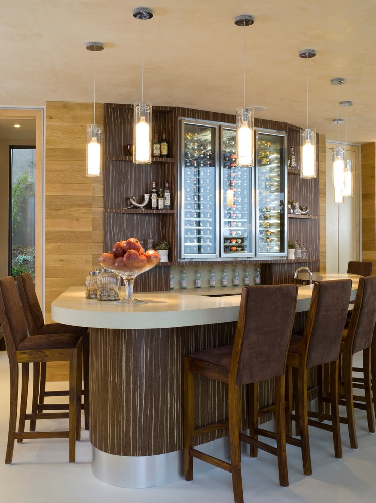 Medium sized contemporary u-shaped breakfast bar in Los Angeles with open cabinets and dark wood cabinets.