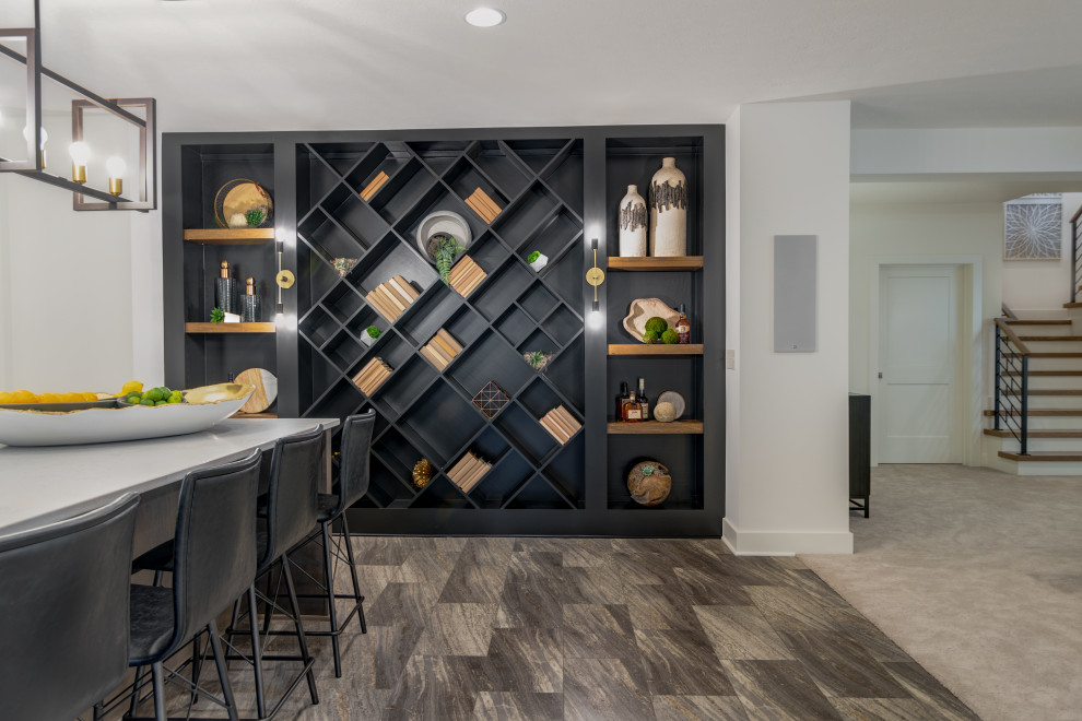 Wet bar - large contemporary galley vinyl floor and gray floor wet bar idea in Indianapolis with a drop-in sink, shaker cabinets, dark wood cabinets, quartz countertops, multicolored backsplash and gray countertops