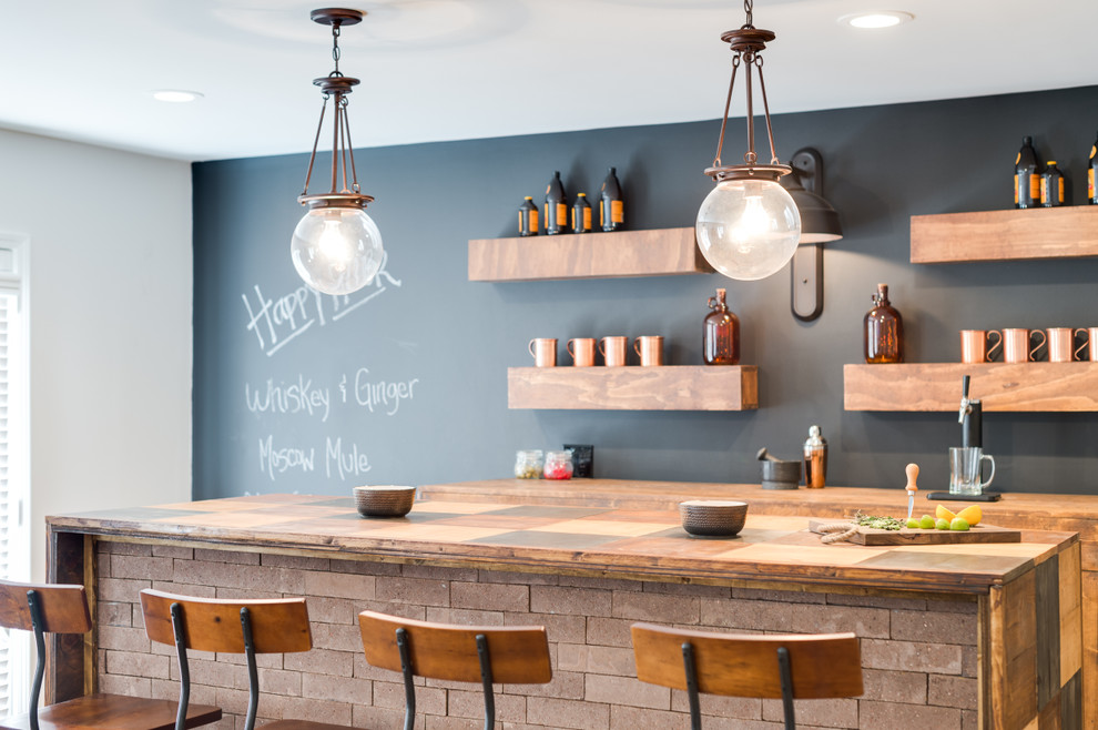 Country single-wall seated home bar photo in Atlanta with black backsplash
