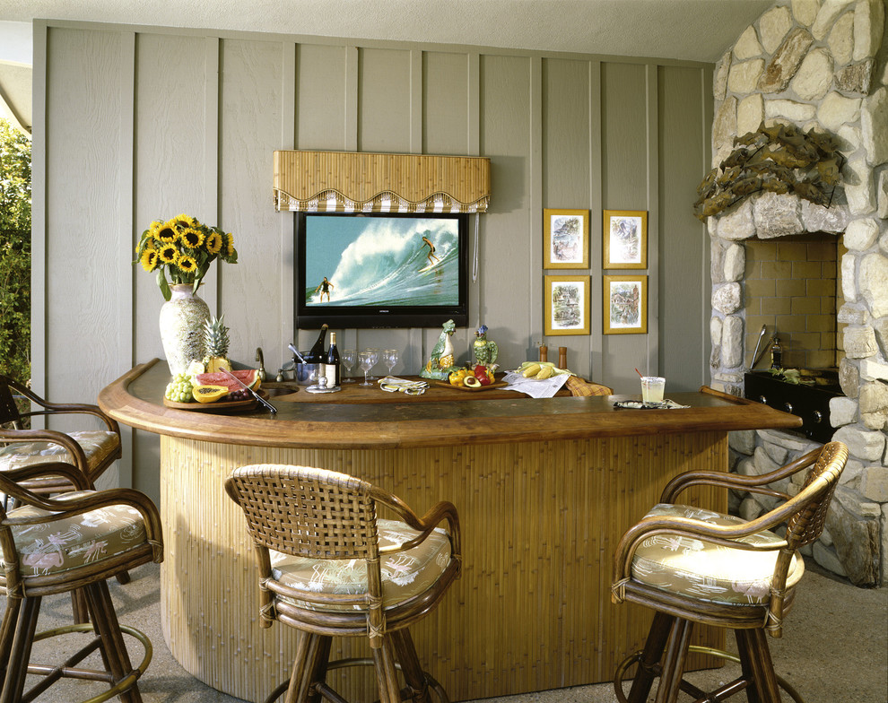 Modelo de bar en casa con barra de bar en L vintage de tamaño medio con encimeras beige