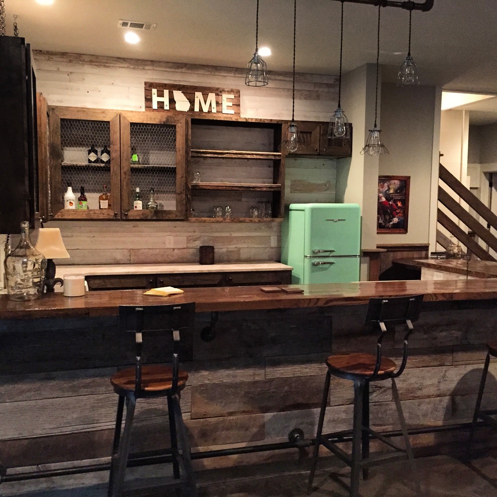Inspiration for a mid-sized rustic u-shaped seated home bar remodel in Atlanta with glass-front cabinets, dark wood cabinets, wood countertops, beige backsplash, wood backsplash and brown countertops