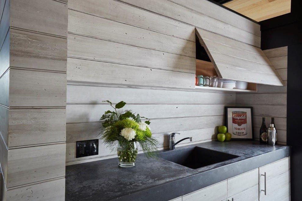 Moderne Hausbar mit integriertem Waschbecken, hellen Holzschränken und Bartresen in Toronto