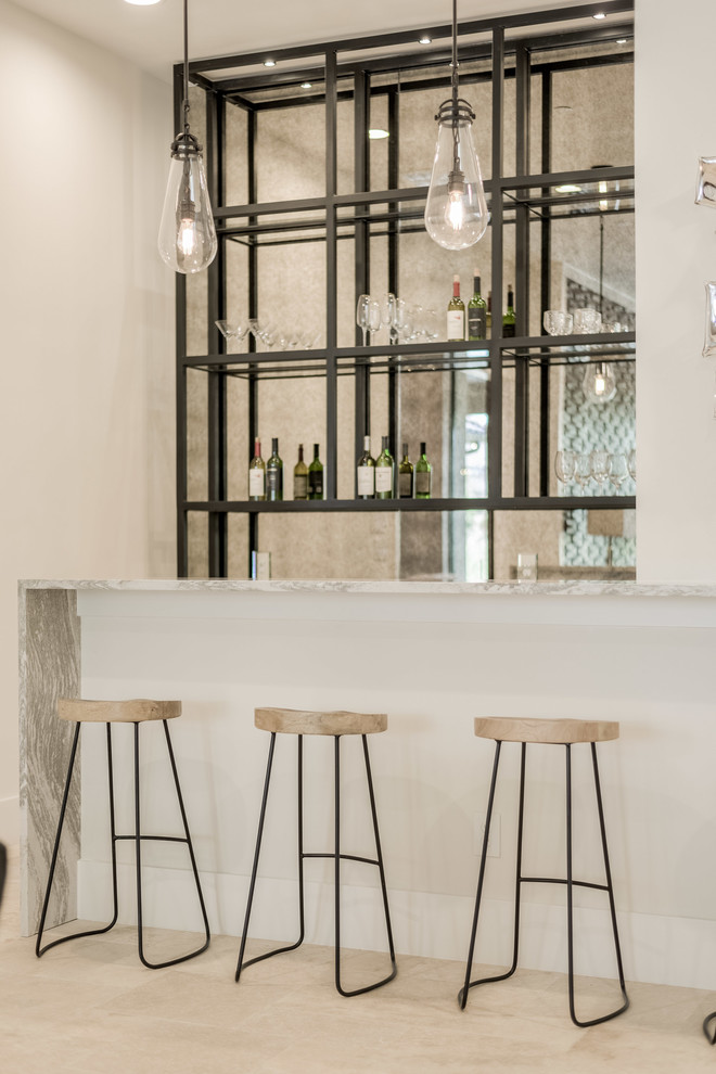 Inspiration for a contemporary breakfast bar in Dallas with open cabinets, mirror splashback and beige floors.