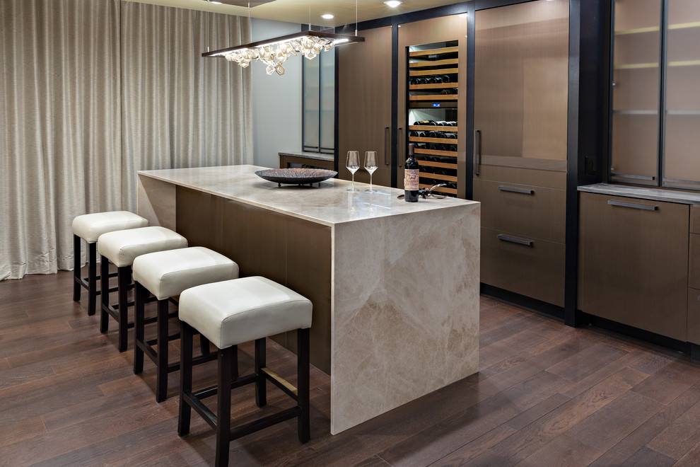 Design ideas for a large contemporary single-wall breakfast bar in Other with no sink, flat-panel cabinets, dark wood cabinets, dark hardwood flooring, brown floors, multicoloured worktops and marble worktops.
