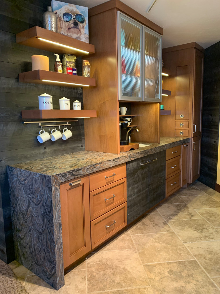 Wet bar - contemporary wet bar idea in Other with an undermount sink, flat-panel cabinets, medium tone wood cabinets, solid surface countertops, gray backsplash, wood backsplash and multicolored countertops