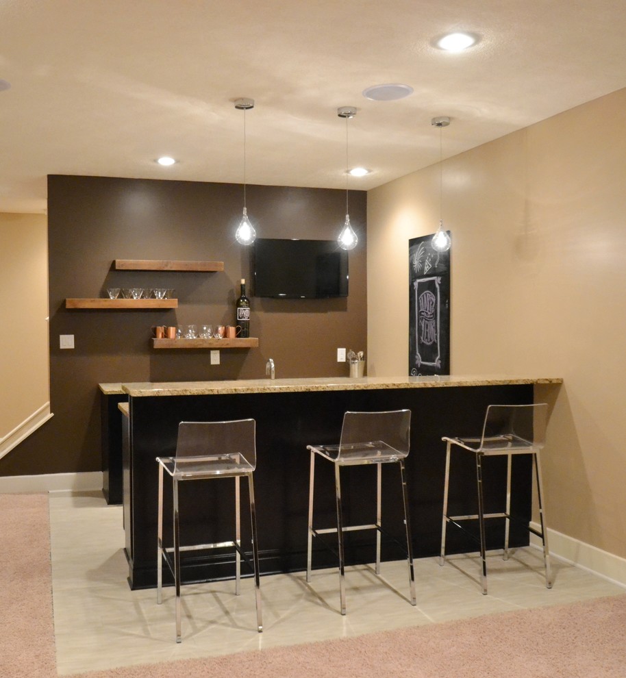 Medium sized classic galley wet bar in Indianapolis with dark wood cabinets.