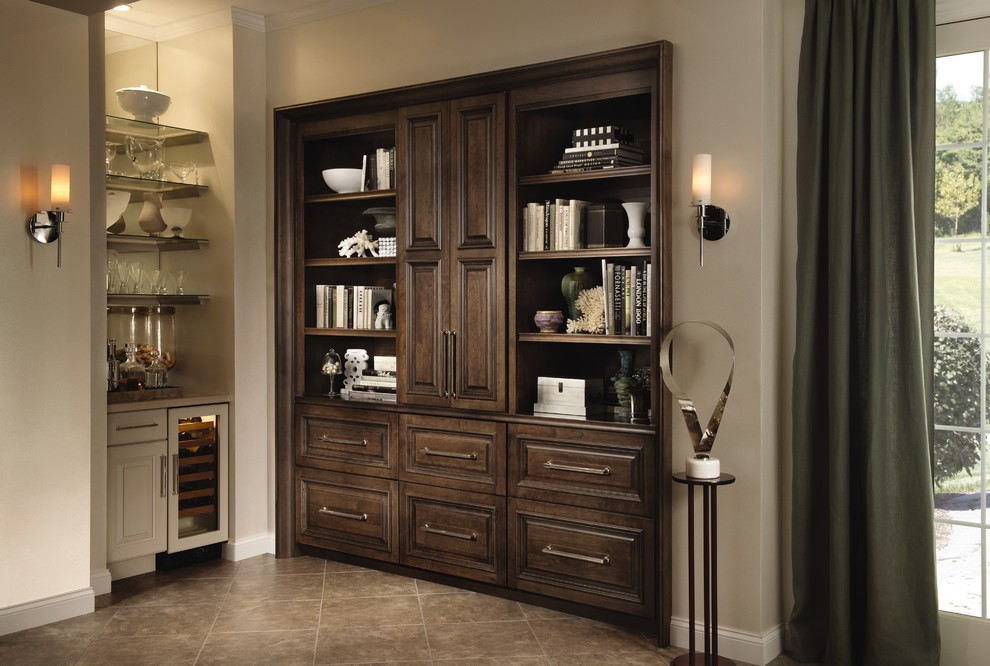 Design ideas for a medium sized traditional single-wall wet bar in Detroit with raised-panel cabinets, white cabinets, marble worktops, mirror splashback, travertine flooring and beige floors.