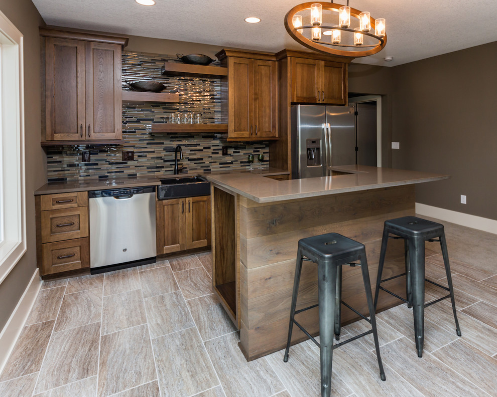 Large trendy galley porcelain tile and beige floor seated home bar photo in Other with shaker cabinets, medium tone wood cabinets, quartz countertops, multicolored backsplash and matchstick tile backsplash