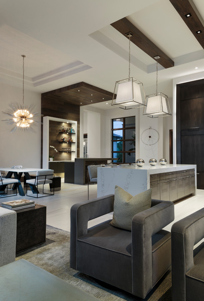 Medium sized modern l-shaped breakfast bar in Miami with a submerged sink, flat-panel cabinets, brown cabinets, brown splashback, wood splashback and beige floors.