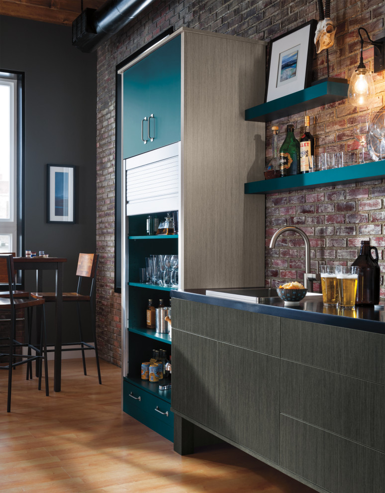 Photo of a medium sized urban single-wall wet bar in Chicago with flat-panel cabinets, medium wood cabinets, brick splashback and light hardwood flooring.