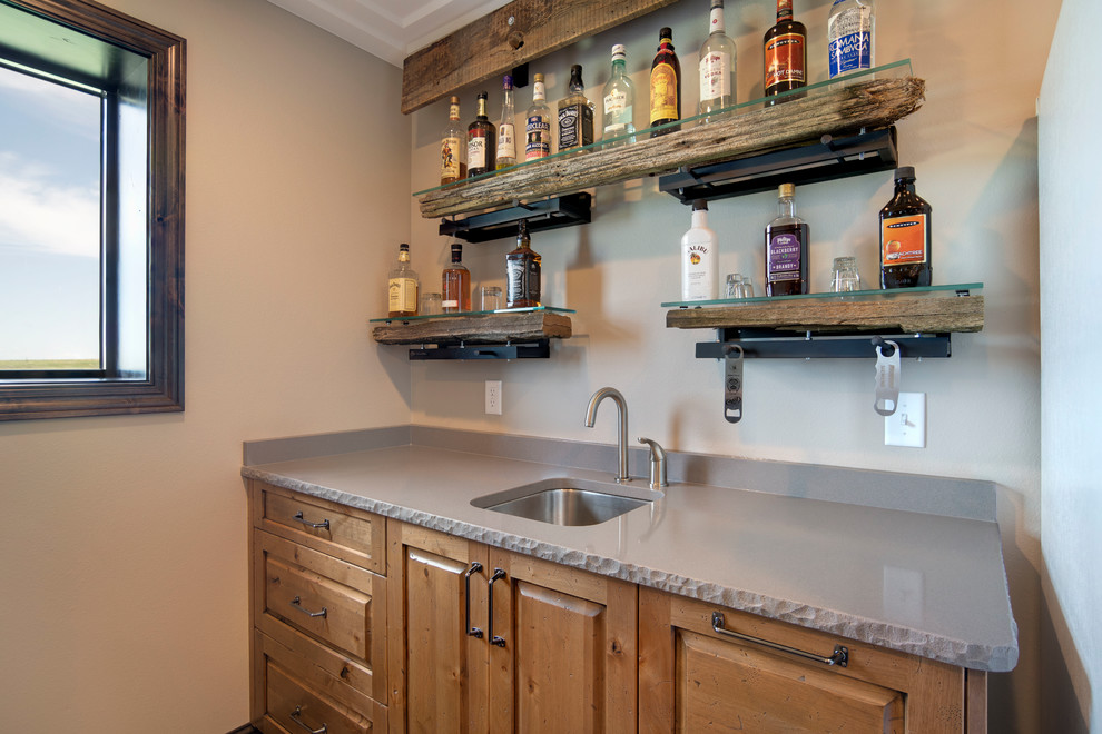 Modern Rustic Farmhouse Bar and Kitchen w/Distressed Wood Tops in Rural ND Home Bar Other