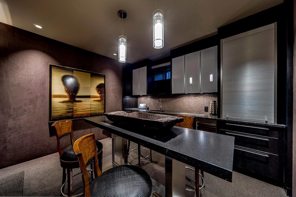 Modern single-wall breakfast bar in Calgary with a submerged sink, flat-panel cabinets, grey cabinets, granite worktops, brown splashback and stone slab splashback.