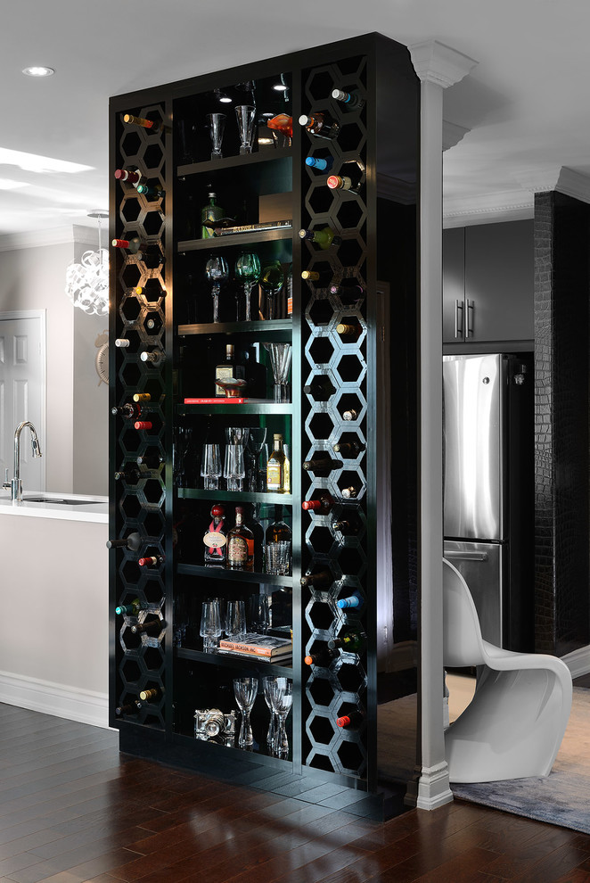Contemporary home bar in Toronto with open cabinets, black cabinets and dark hardwood flooring.