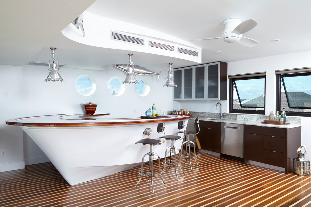 Design ideas for a nautical home bar in Other with a submerged sink, flat-panel cabinets, dark wood cabinets and dark hardwood flooring.
