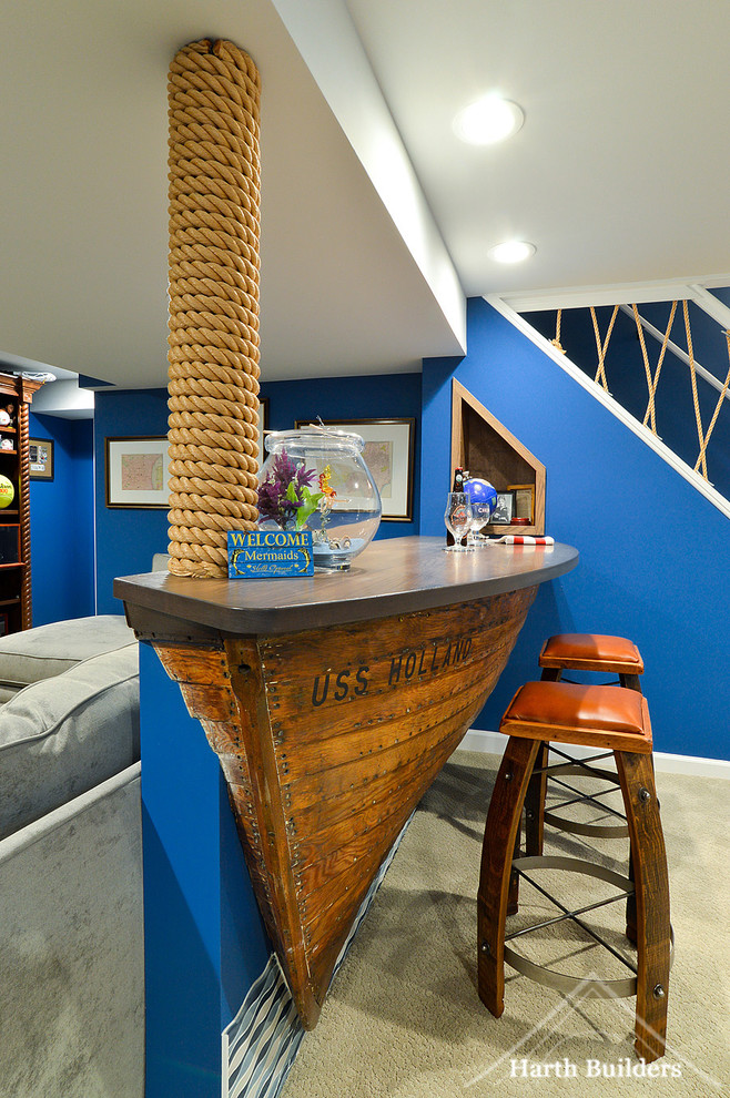Photo of a large coastal home bar in Philadelphia with carpet.