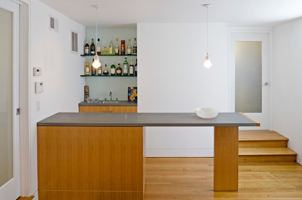 Photo of a small contemporary home bar in San Francisco with light hardwood flooring.