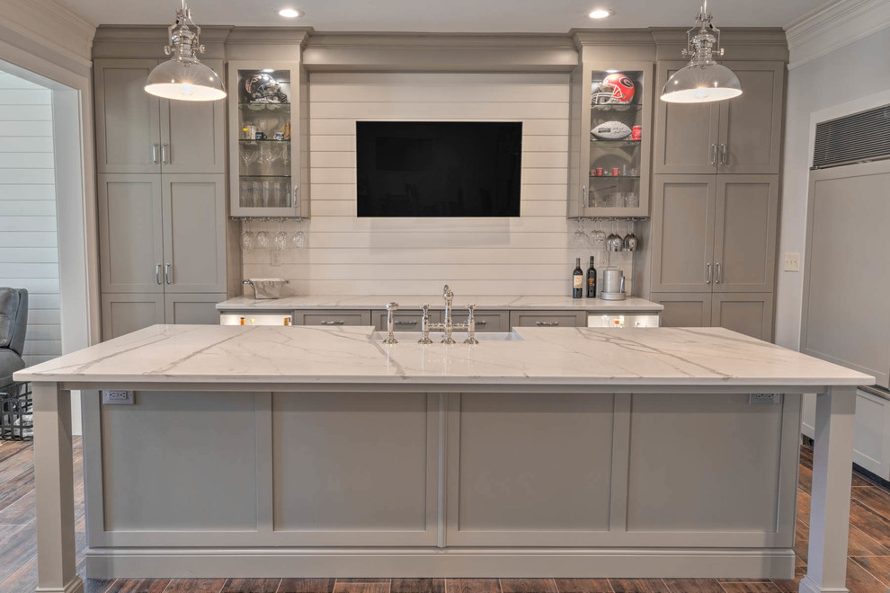 Design ideas for a medium sized country breakfast bar in Atlanta with shaker cabinets, grey cabinets, composite countertops, white splashback, wood splashback, porcelain flooring, brown floors and white worktops.