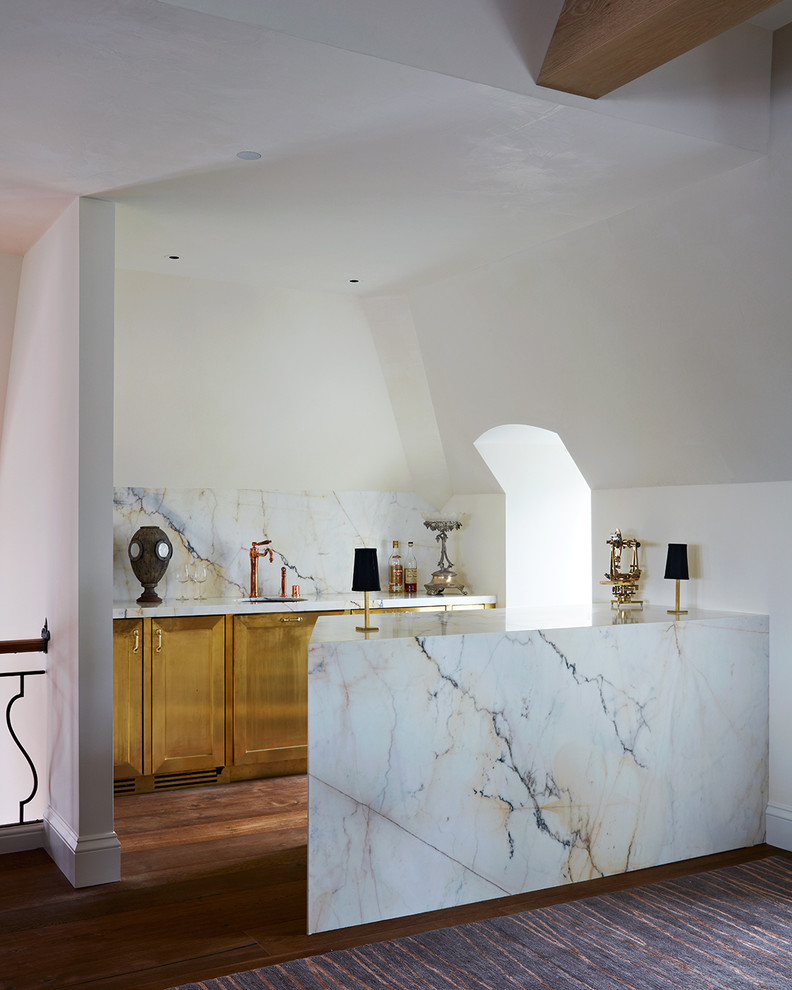 This is an example of a traditional single-wall wet bar in San Francisco with multi-coloured splashback, medium hardwood flooring, shaker cabinets, medium wood cabinets, marble worktops, marble splashback, brown floors and multicoloured worktops.