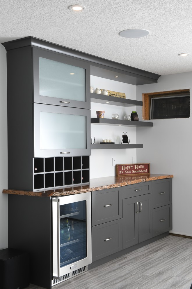 Design ideas for a medium sized modern single-wall bar cart in Other with shaker cabinets, grey cabinets, quartz worktops and orange worktops.
