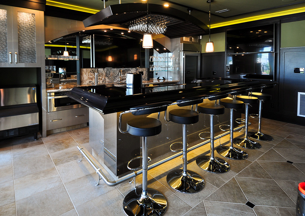 Example of a mid-sized beach style galley ceramic tile seated home bar design in Other with flat-panel cabinets, gray cabinets, solid surface countertops and multicolored backsplash