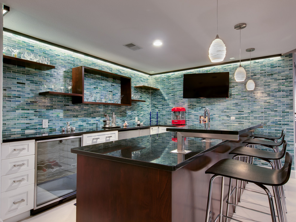 Example of a large trendy u-shaped porcelain tile seated home bar design in Denver with shaker cabinets, white cabinets, blue backsplash and matchstick tile backsplash