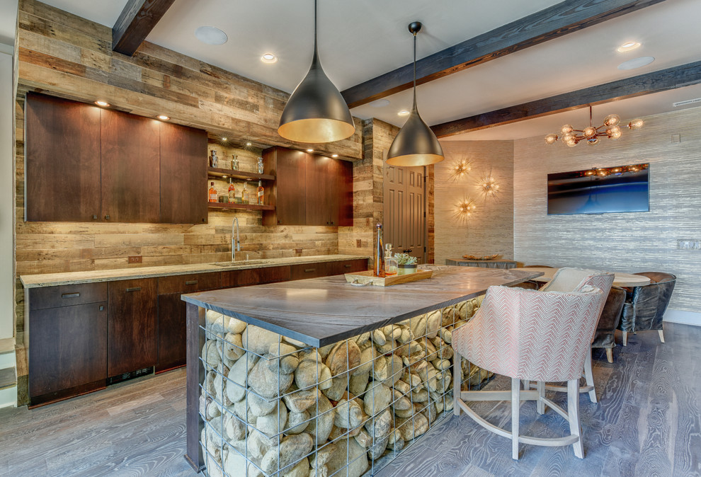 Large contemporary breakfast bar in Charlotte with a submerged sink, flat-panel cabinets, dark wood cabinets, granite worktops and light hardwood flooring.