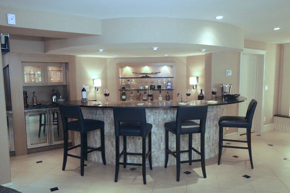 Example of a transitional home bar design in New York