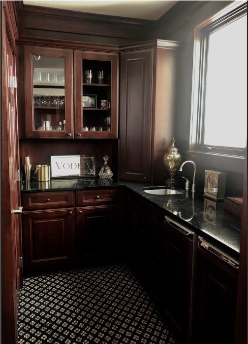 Wet bar - mid-sized transitional l-shaped carpeted and multicolored floor wet bar idea in Minneapolis with an undermount sink, granite countertops, black countertops, raised-panel cabinets and dark wood cabinets